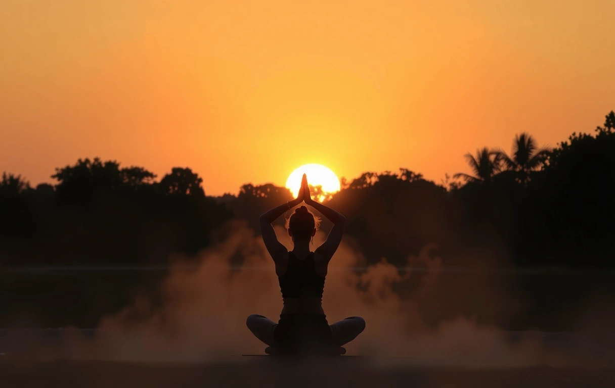 A person meditating peacefully at sunrise, symbolizing inner harmony and mindful movement.