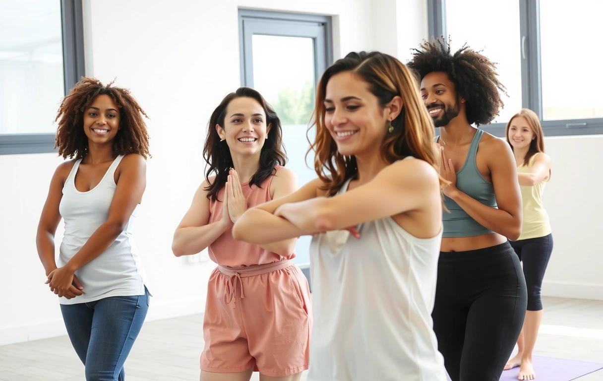 A diverse group of people practicing yoga together in a bright, modern studio, symbolizing community and support.