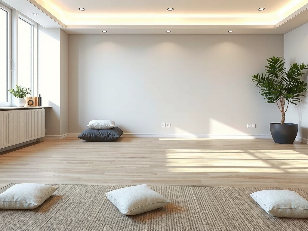 Meditation room with cushions and soft lighting