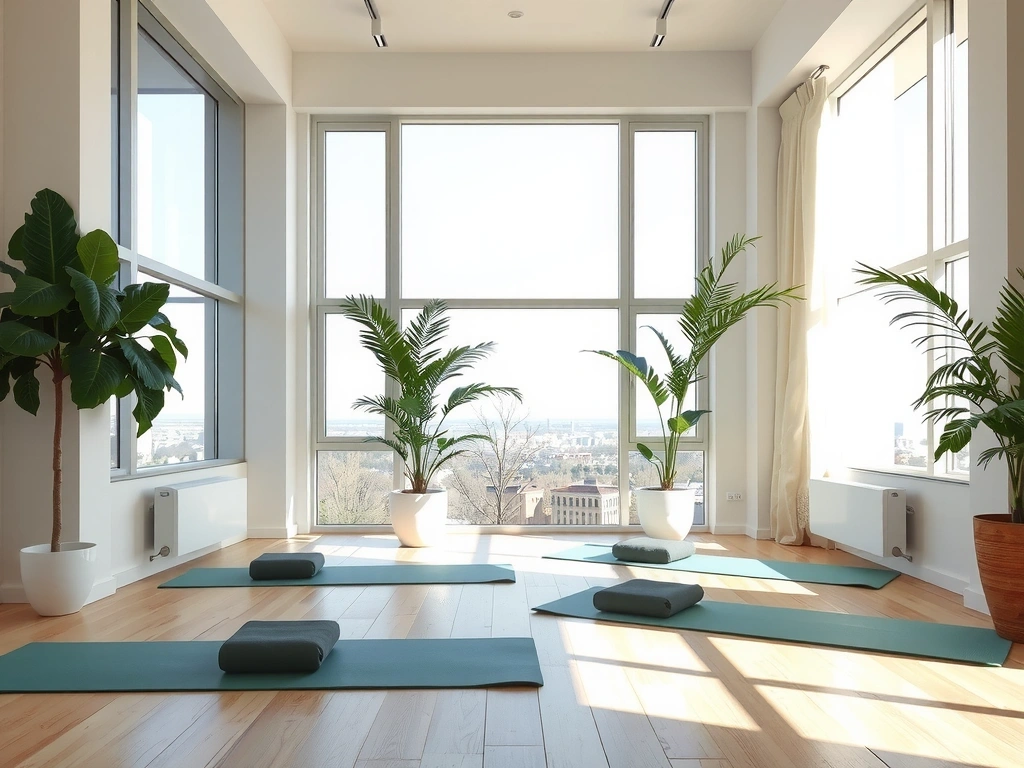 Serene yoga studio with natural light and plants