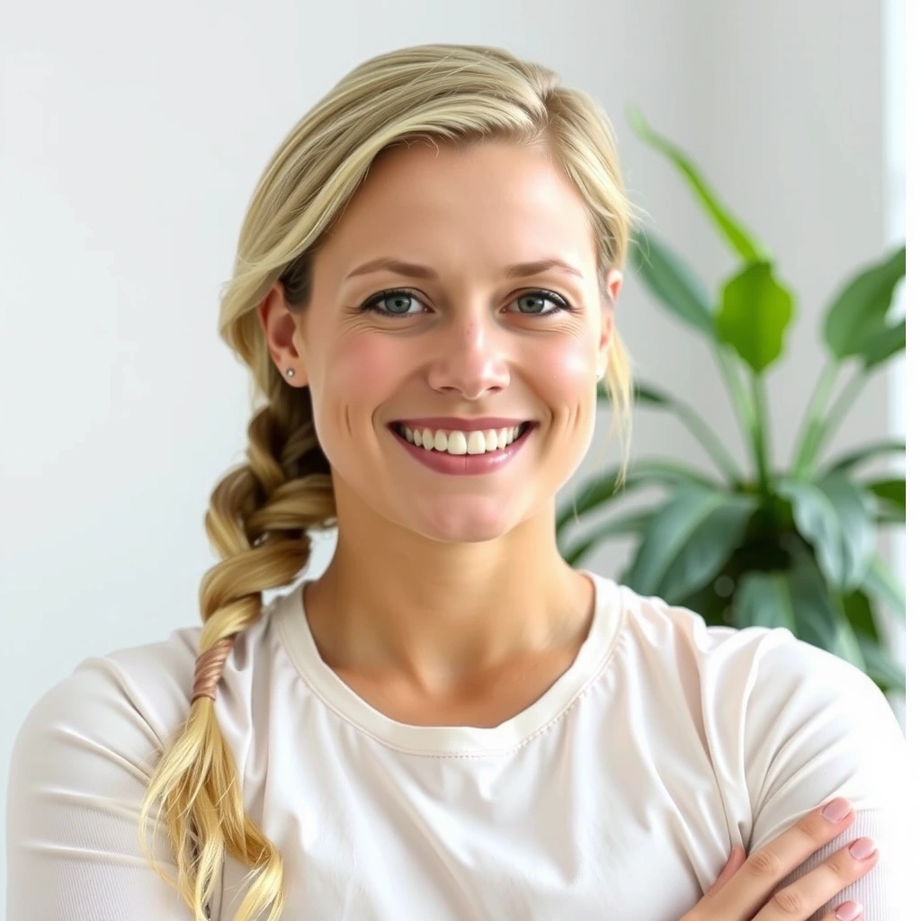 Professional portrait of Emily White, a compassionate female yoga instructor with a nurturing smile